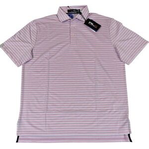 RLX Ralph Lauren Men Golf Polo Shirt Pink Blue Striped Large Wicking Stretch NWT